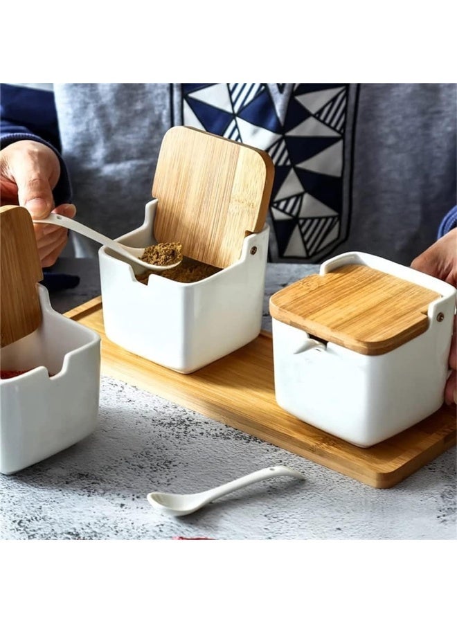 طقم 4 برطمانات توابل سيراميك مربع مع أغطية وملعقة لتخزين الملح والسكر والتوابل. - Image 2